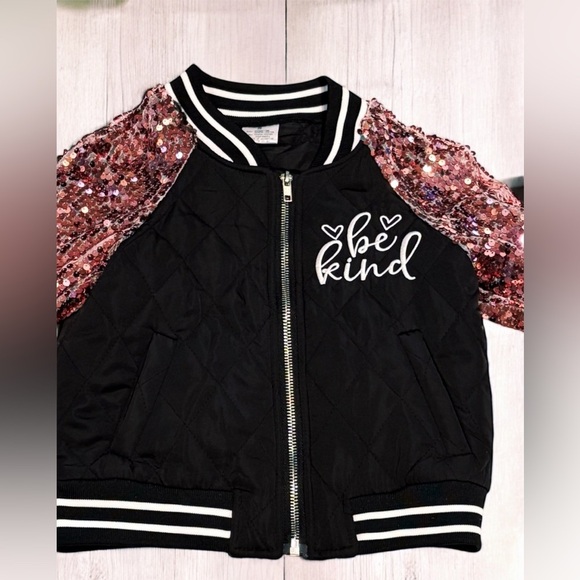 Girls Black Bomber Jacket Pink Sequin Sleeves Be Kind Graphic Sparkly Sm NIP - Picture 7 of 15